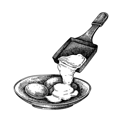 Swiss cheese fondue sketch. Hand-drawn food illustration. Melted cheese. Raclette vector drawing. NOT AI generated